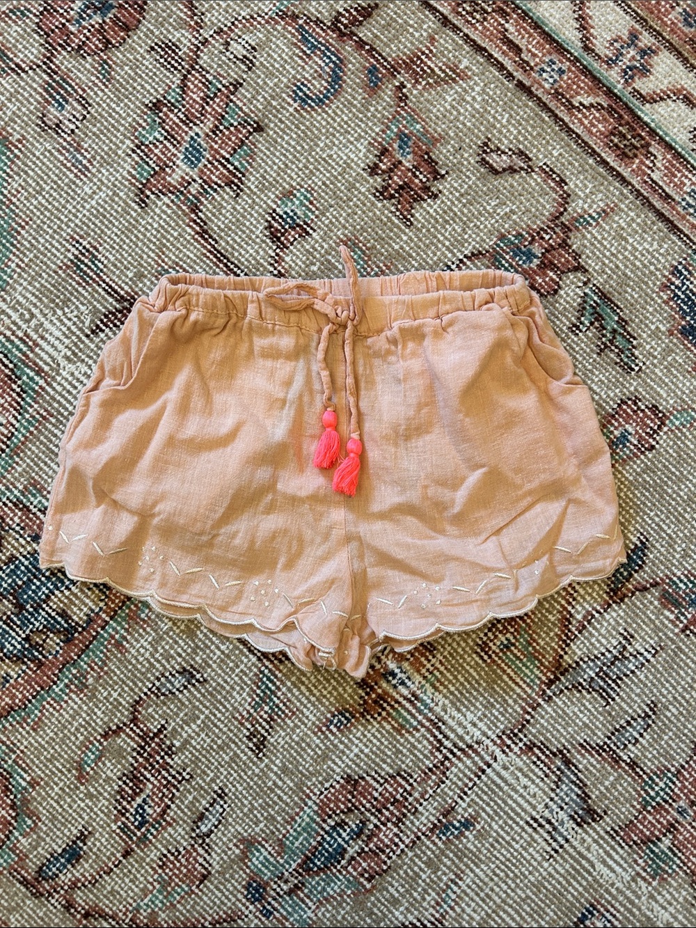 Louise Misha Scalloped Hem Drawstring Shorts - Peach with Coral Tassels